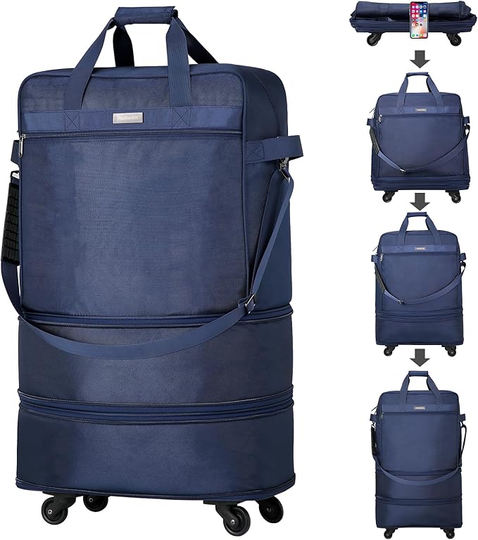 Hanke Suitcases with Wheels Expandable Foldable Luggage Bag Suitcase Collapsible Rolling Travel Bag Duffel Bag for Men Women Lightweight Suitcases without Telescoping Handle, Blue