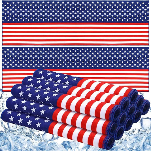 12 Pack Patriotic Cooling Towel with American Flag 40" x 12" Cooling Neck Wraps Microfiber Instant Cool Towel Red White and Blue Workout Towels Patriotic Party Supplies