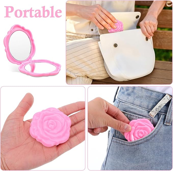 30 Pcs Pink Compact Mirror Bulk Plastic Portable Foldable Rose Flower Shaped Makeup Mirror Handheld Pocket for Women Girls Bridesmaids Travel Wedding Tea Party