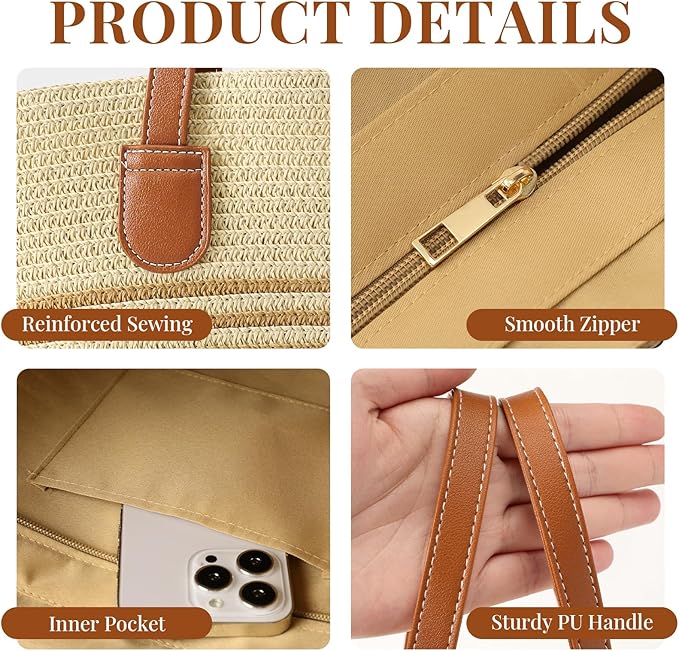 Trifabricy Beach Bags for Women, Summer Straw Beach Bag Straw Purse Shoulder Handbags Large Beach Tote for Summer Vacation