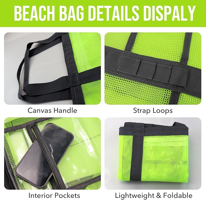 Large Mesh Beach Tote Bag, 9-Pocket Foldable Summer Vacation Beach Bag for Travel, Pool, Gym, Cruise