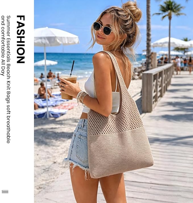 SUOSDEY Crochet Mesh Beach Tote Bag, Knit Summer Vacation Aesthetic Boho Tote Bag for Women
