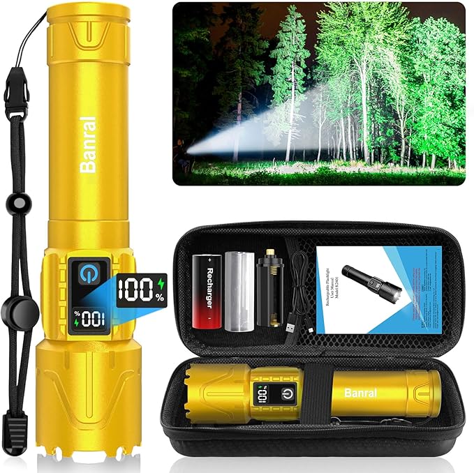 Banral Rechargeable Tactical Flashlights 2000 High Lumens - 5000mAh Super Bright LED Powerful Flash Light, Waterproof Handheld USB C Flashlight for Home,Car,Camping,Emergencies,5 Modes (1, Gold)