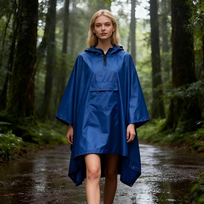Hooded Rain Poncho for Adults - Waterproof Rain Coat and Lightweight Jacket 3-in-1 Multi-Function with Pockets