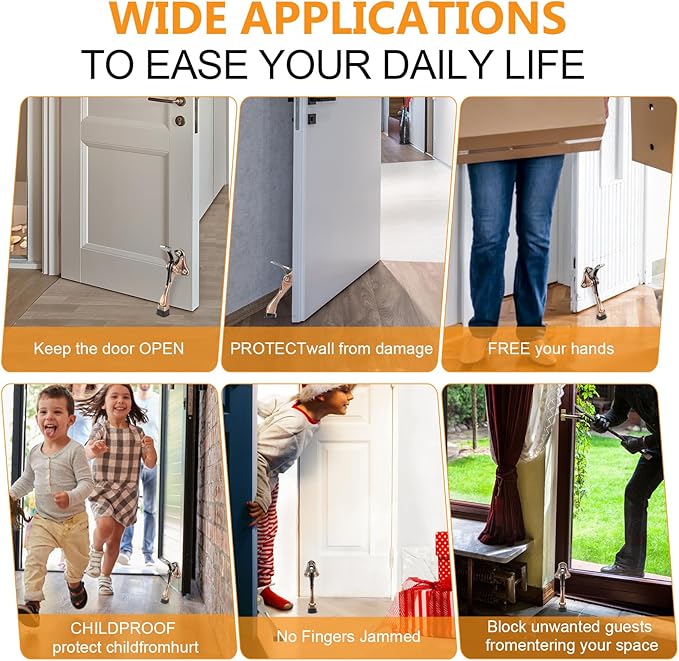Kickdown Door Stopper 4 Inches - 2 Packs One Touch Adjustable Height Door Stop for The Bottom of Door Aluminum Alloy Metal Door Stopper with Rubber Tip & Wall Protectors for Wide Doors Bronze