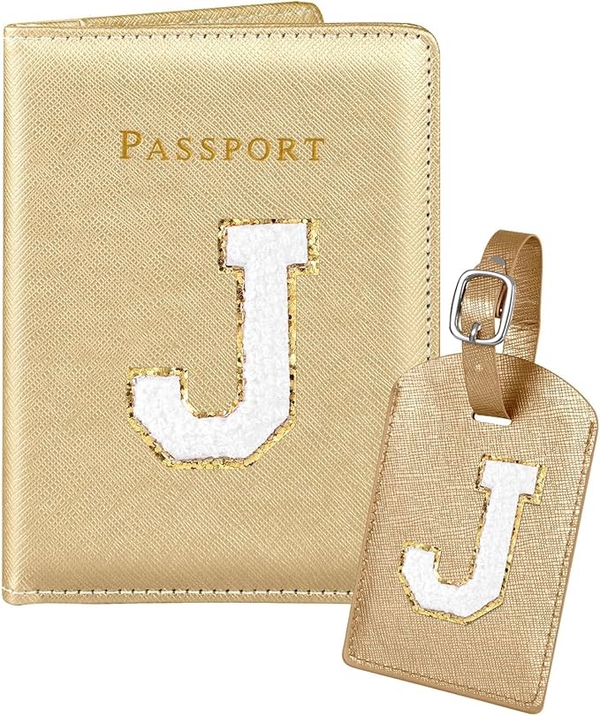 Slohif Passport Holder Initial Lugguage Tag Set Suitcase Cover Wallet Case for Travel Women - Leather Letter Passport Book Personalized Organizer Card Protector Sleeve Essentials Slim Carrier Gold J