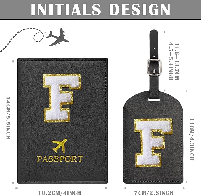 COSHAYSOO Black Passport Cover and Luggage Tag Set TSA Approved with Her Initial Chenille Letter Patch, Monogrammed Travel Bag Backpack Suitcase Identifier Gifts for Mom Women Teacher (F)