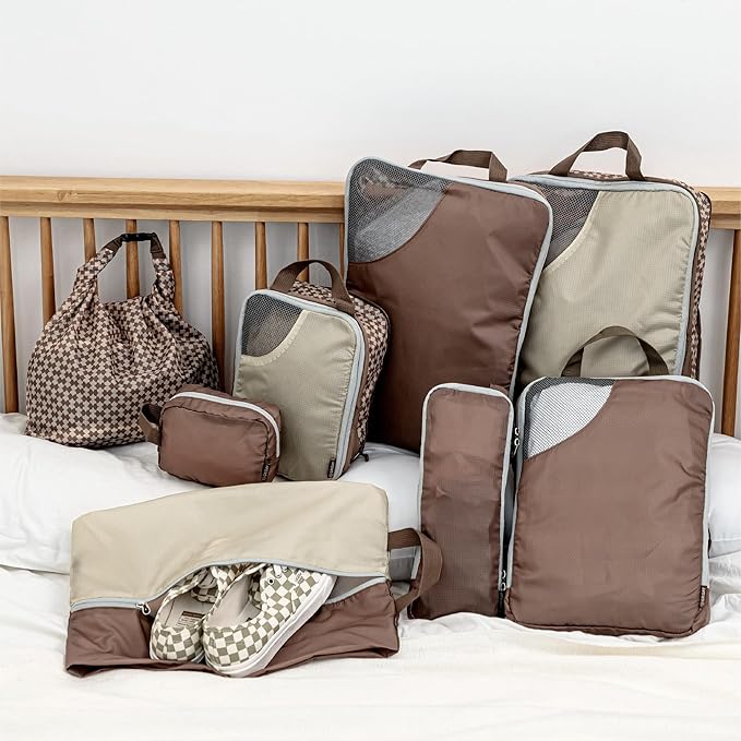 Oriday Set of 8 compression packing cubes for travel accessories- Expandable bags for clothing, toiletry, backpacks, organizing essentials (Beige)
