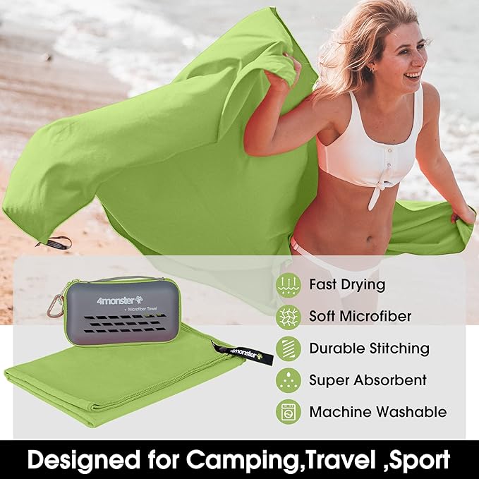 4Monster Quick Dry Travel Towel with Case & Carabiner – Super Absorbent Microfiber Gym & Camping Towel. Compact, Lightweight, Fast Drying for Beach, Swimming, Hiking, Backpacking