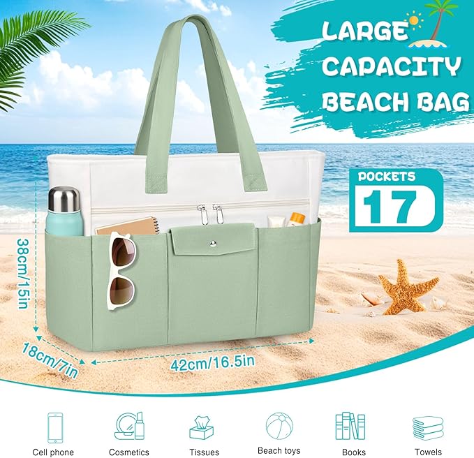 Beach Bags for Women Large Canvas Beach Tote with Zipper Wet Pocket, Waterproof Foldable Swim Pool Travel Tote Bags