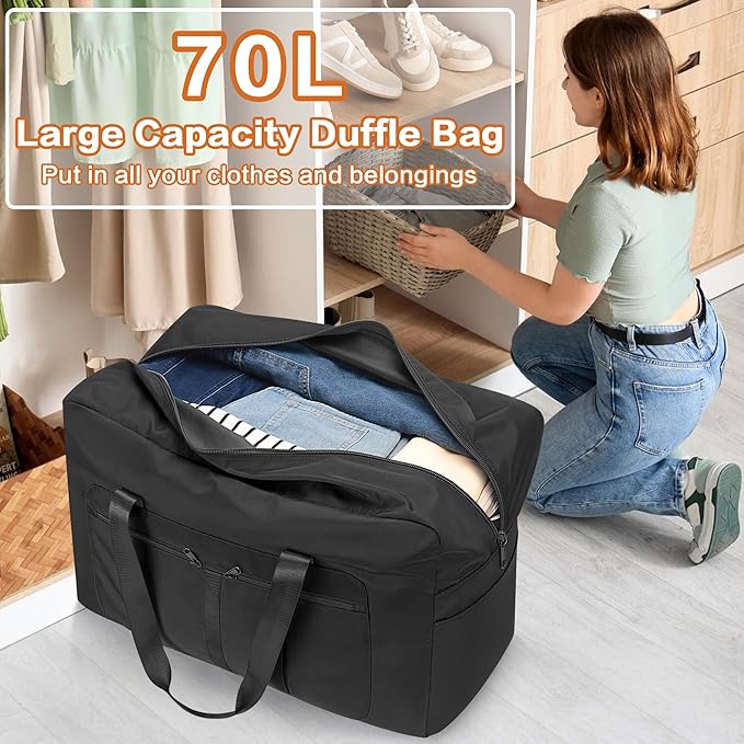 Large Duffel Bag for Travel, Foldable Storage Bag for Traveling, Collapsible Duffle Bag (Black, 70L)