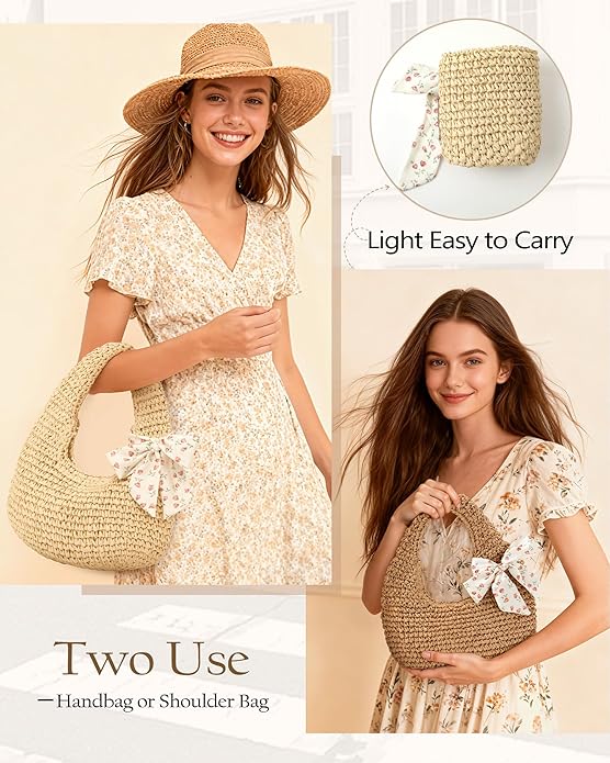 Beach Bags for Women - Handmade Straw Clutch Purses for Women Handbag Zip Closure Tote Bag Lightweight