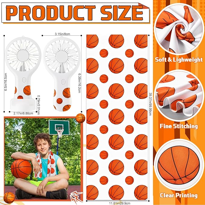 Woanger 24 Pcs Basketball Cooling Towels and Fans Sets Mini Handheld Fans Bulk 3 Speeds USB Lash Towel for Sporting Basketball Gifts for Team Games Party Favor