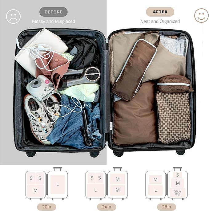 Oriday Set of 8 compression packing cubes for travel accessories- Expandable bags for clothing, toiletry, backpacks, organizing essentials (Beige)