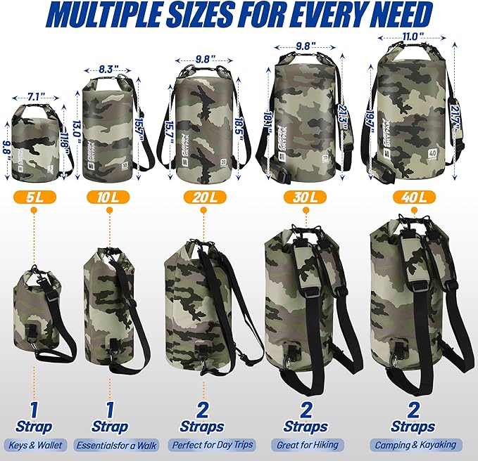 Waterproof Dry Bag, 5L/10L/20L/30L/40L Roll Top Lightweight Storage Backpack with Phone Case for Women & Men, Floating Waterproof Sack for Travel, Swimming, Kayaking, Paddle Board, Camping & Beach