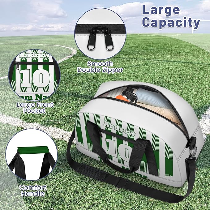 Basketball Soccer Gifts for Boys Girls - Custom Sports Duffle Bag, Personalized Name & Team Bag, Water-Resistant Gym Bag for Basketball, Soccer, Volleyball | Y-Green White