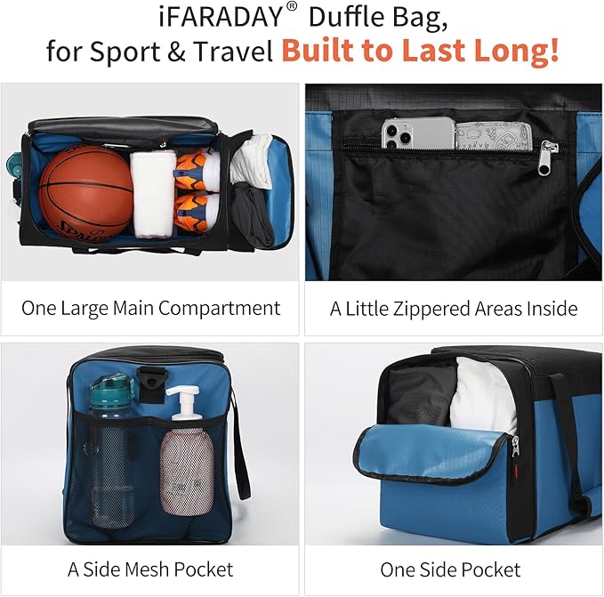 iFARADAY 40L Gym Bag for Men - 20 inch Sport Duffle Bag with Side Pocket, Two-Tone Design for Basketball, Football, Workout - Blue