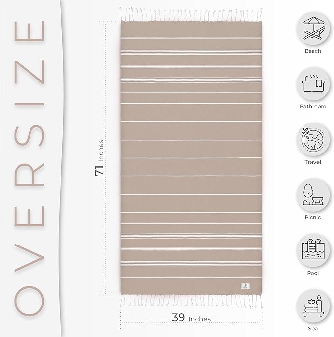 Turkish Beach Towel Absorbent & Quick Dry Oversized (39" x 71") - Decorative, Versatile and Functional as Yoga Mat, Picnic Blanket, Travel Blanket, Bath, Shower, Gym Towel - Beige