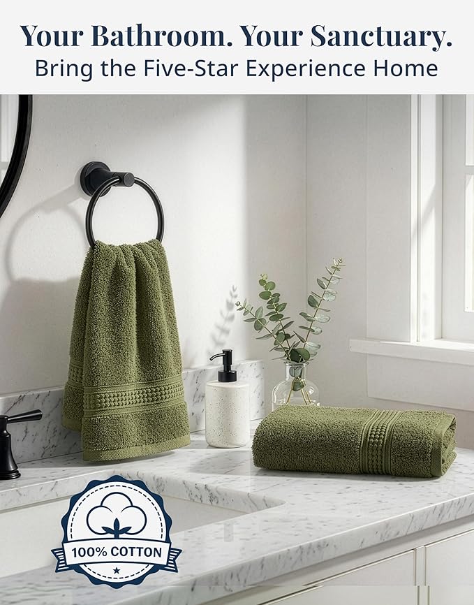 LANE LINEN Bath Hand Towels for Bathroom - 6 Pack (16" x 28"), 100% Cotton Hand & Face Towels Set - Soft, Prevent Fraying & Machine Washable - Everyday Family Towel, Gets Softer Each Wash - Oil Green