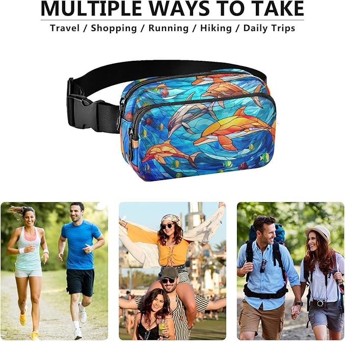 Stained Glass Printed Sea Dolphin Fanny Pack for Women Men Water Resistant Fashion Waist Packs with Adjustable Strap Belt Bag for Travel Workout Jogging Hiking 21219623