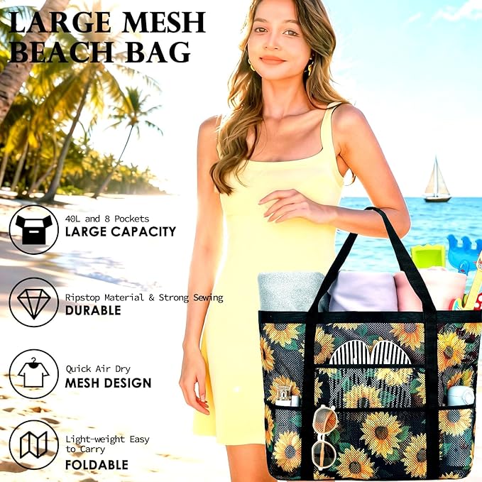 Mesh Beach Bag, Large Beach Tote with Zipper Pocket, Toys Pool Bag for Family Travel Vacation Cruise Essentials