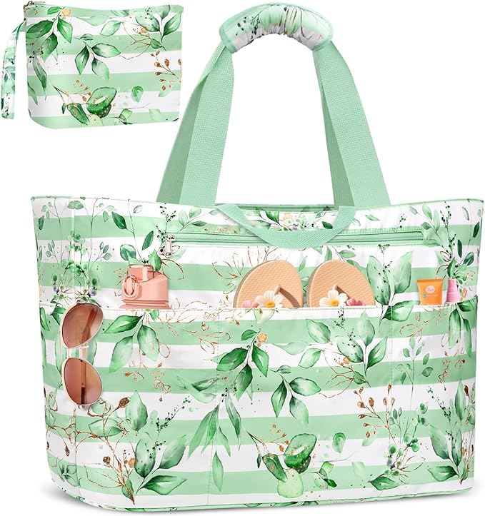 BKNOOU Extra Large Beach Bags Waterproof Sandproof XL Beach Tote Bag for Women Zipper Foldable Swim Pool Bag with Wet Pocket