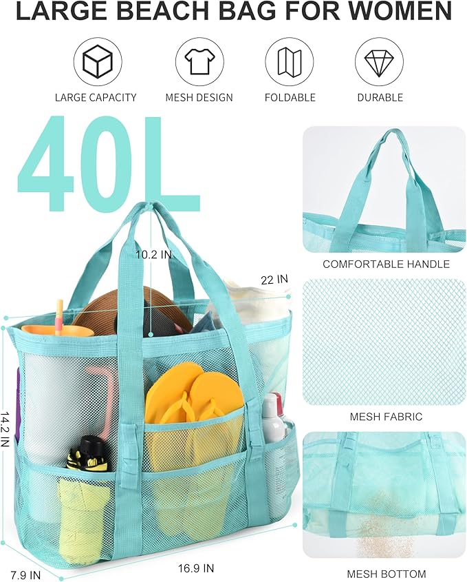 Genteen 40L Mesh Beach Bag, Foldable Sandproof Tote with Waterproof Pocket Quick Dry for Women Family Pool Vacation（White