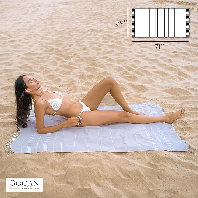 GOQAN Turkish Beach Towel Oversized 39x71 | Thin, Lightweight, 100% Cotton and Sand Free Towel is Suitable for Beach, Bathroom, Pool, Travel, Swim & Gift - Grey