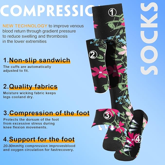 bropite Flora Compression Socks for Women & Men-Knee high 6 Pairs 20-30mmhg Support Running Nurse Travel