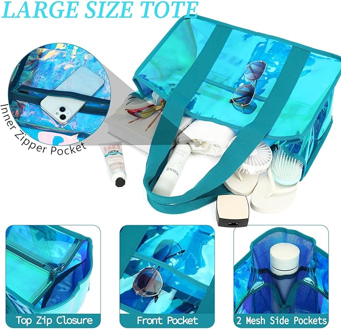 Iridescent Clear Beach Bag for Women, Large Pool Tote Cruise Vacation Essentials - Waterproof, Zipper Closure