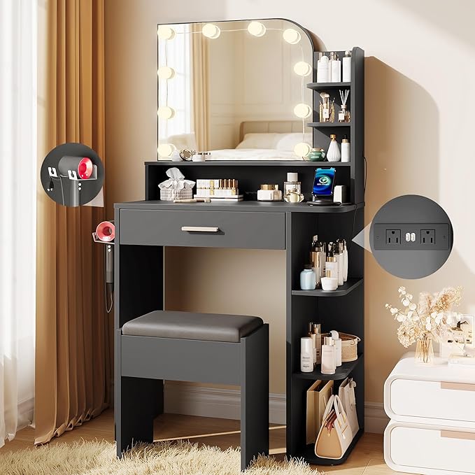 wanan Makeup Vanity with Chair, Small Vanity Desk with Mirror and Lights 3 Colors, Girls Vanity Set with Power Outlet, Compact Vanity Table for Small Space, Black