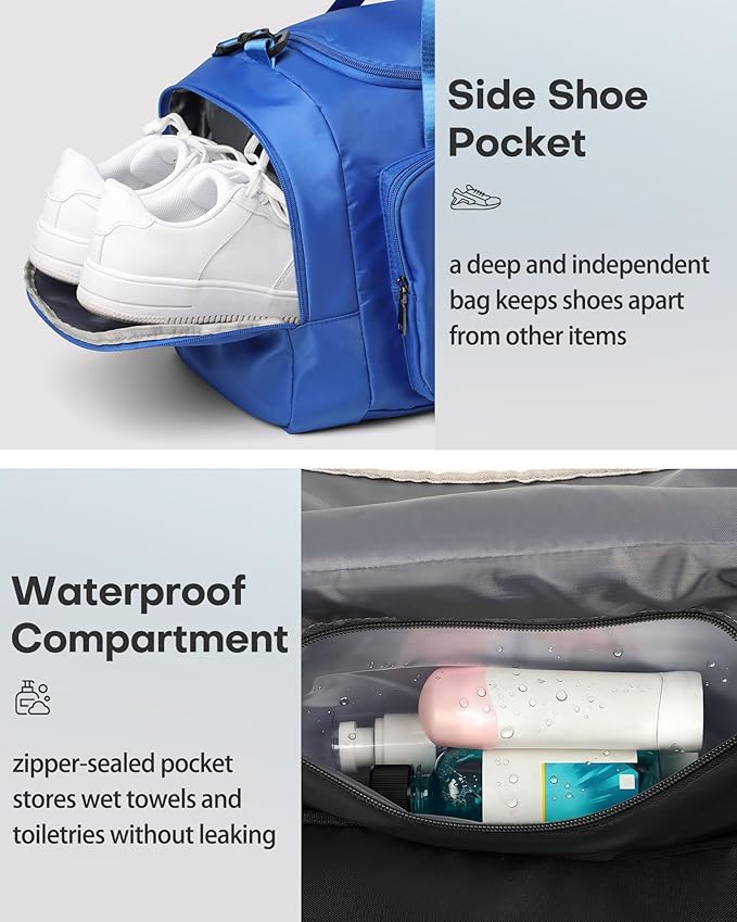 HOTOR Gym Bags for Men & Women - Spacious Duffle Bag with Shoe Compartment & Wet Pocket, Carry On Weekender Bag Portable Sports Duffel Bag for Workout, Fitness, Travel, Blue, 20.5" x 11.0" x 10.6"