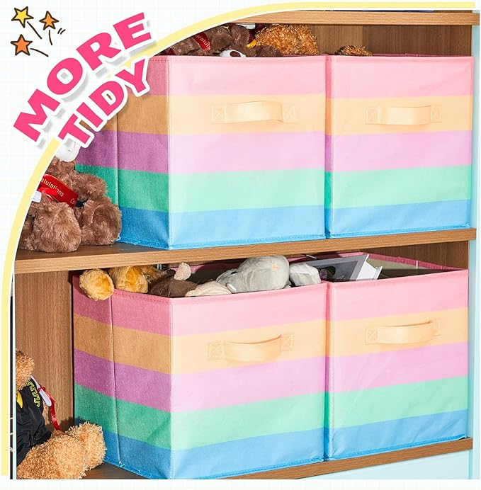 Yinder 12 Pcs Cube Storage Bin Rainbow Colorful 11'' Storage Bins for Playroom Decor Colorful Bins for Kids Foldable Baskets for Nursery Organizer Boxes Fabric Boxes