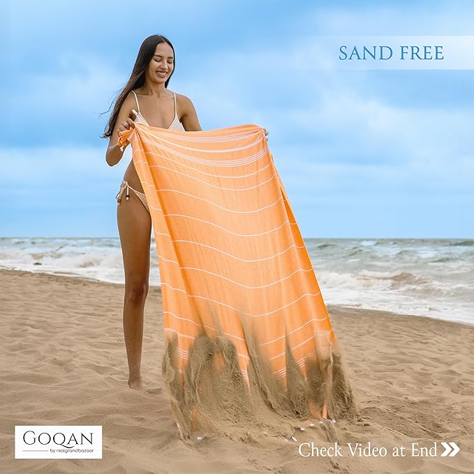 GOQAN Turkish Beach Towel Oversized 39x71 | Thin, Lightweight, 100% Cotton and Sand Free Towel is Suitable for Beach, Bathroom, Pool, Travel & Swim - Orange