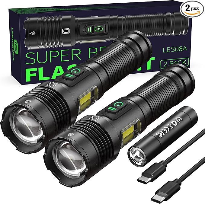 Rechargeable Flashlights High Lumens 100000 with Side Light - 2 Pack, Super Bright 30W LED, Dual Source Light Buttons, Long Lasting 15H, Quick USB C Charge, Handheld 6.81” Length, for Hiking Home Gift
