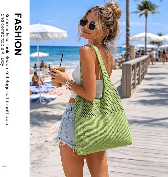 SUOSDEY Crochet Mesh Beach Tote Bag, Knit Summer Vacation Aesthetic Boho Tote Bag for Women