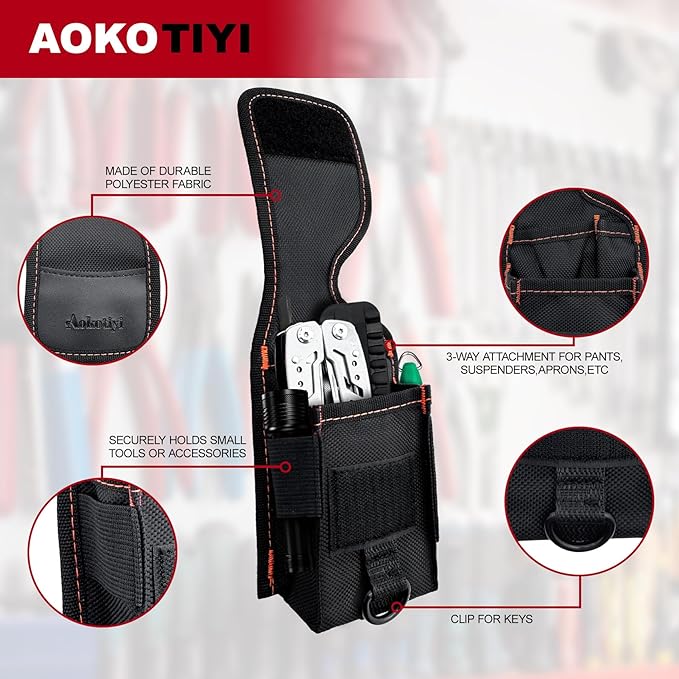 Multitool Holster Sheath with Belt Clip - Small Multi-Pocket Tactical EDC Pouch Organizer, Compatible with Leatherman Wave+ / Signal Folding Tools, Utility Holder for Camping Hiking.