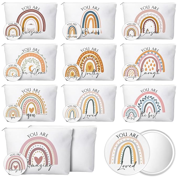 20 Pcs Employee Appreciation Gifts For Women Inspirational Canvas Makeup Bags Portable Compact Mirror Bulk Cosmetic Bags Thank You Gifts for Social Worker Coworkers (Rainbow,Warm)