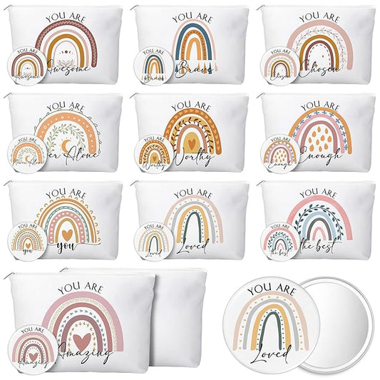 20 Pcs Employee Appreciation Gifts For Women Inspirational Canvas Makeup Bags Portable Compact Mirror Bulk Cosmetic Bags Thank You Gifts for Social Worker Coworkers (Rainbow,Warm)