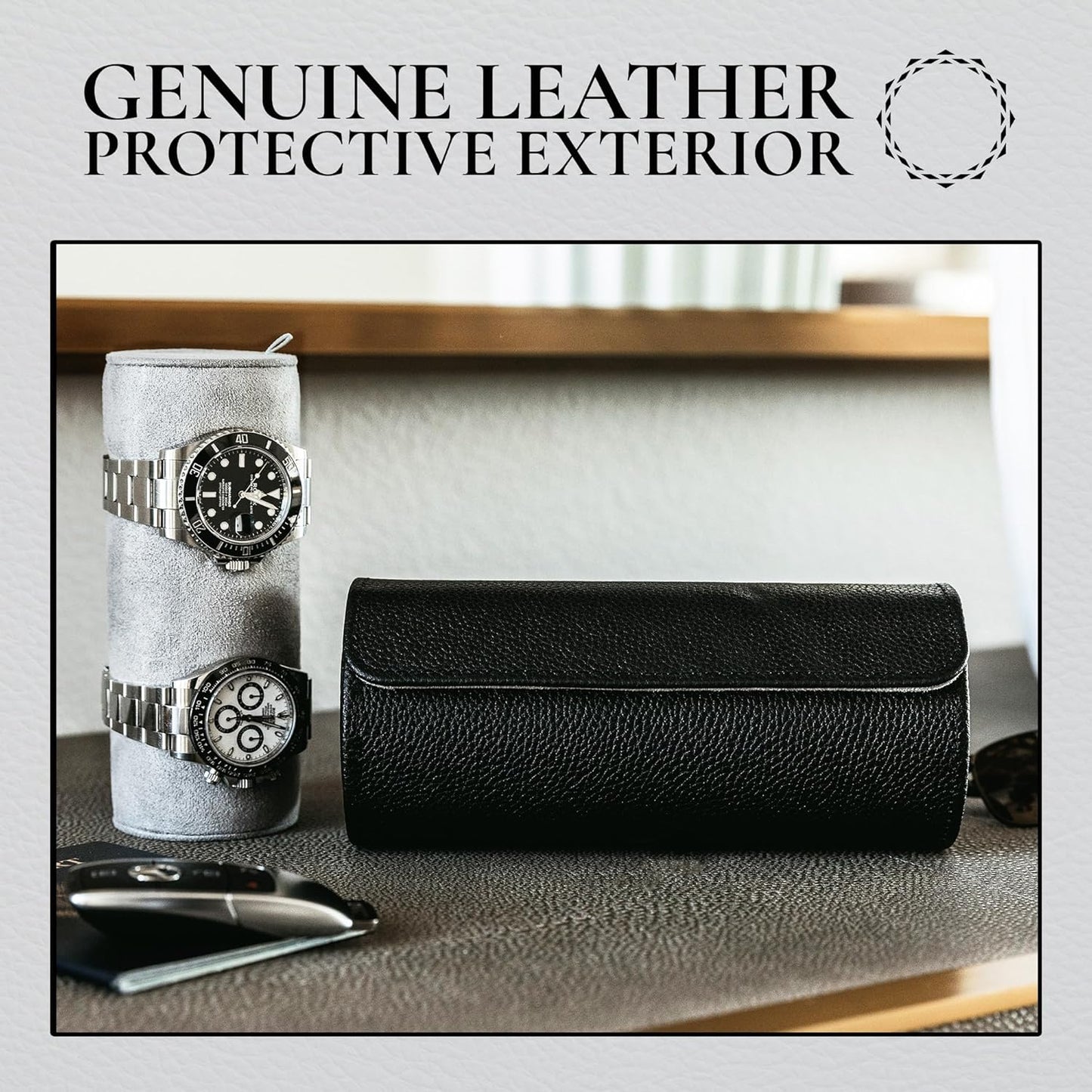 Watch Roll Travel Case for 2 Watches | Hidden Jewelry Storage Compartment, Genuine Leather Watch Roll with Dust Bags & Cleaning Cloth | Fits Men's Wrist Watches & Smartwatches