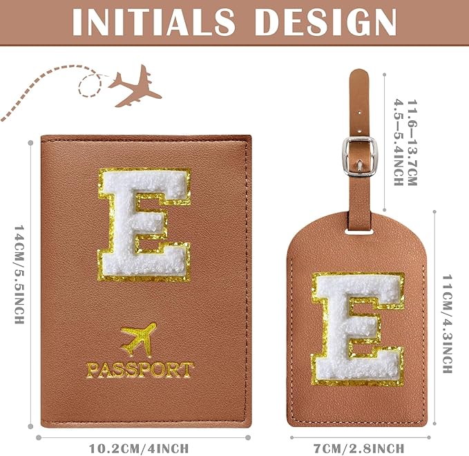 COSHAYSOO Brown Passport Cover and Luggage Tag Set TSA Approved with Her Initial Chenille Letter Patch for Big Little Girls Sister Daughter, Hawaii Travel Bag Backpack Suitcase Identifier (E)