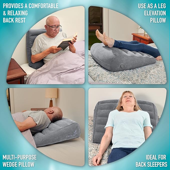 Circa Air Inflatable Wedge Pillow for Traveling - Travel Wedge Pillows for Sleeping in Bed, Acid Reflux, Sleep Apnea, Snoring for Back, Knee, Leg Elevation and Side Sleepers, Blow up Cushion