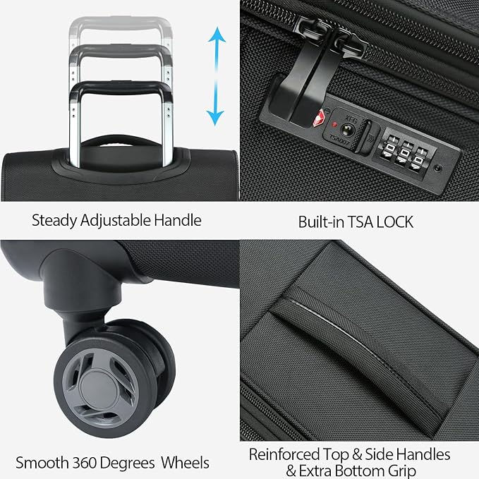 KROSER Softside Expandable checked Luggage with Front Business Pockets，24 Inch Suitcases with Spinner Wheels & Built-in TSA Lock, Durable Suitcase Rolling Luggage, Black