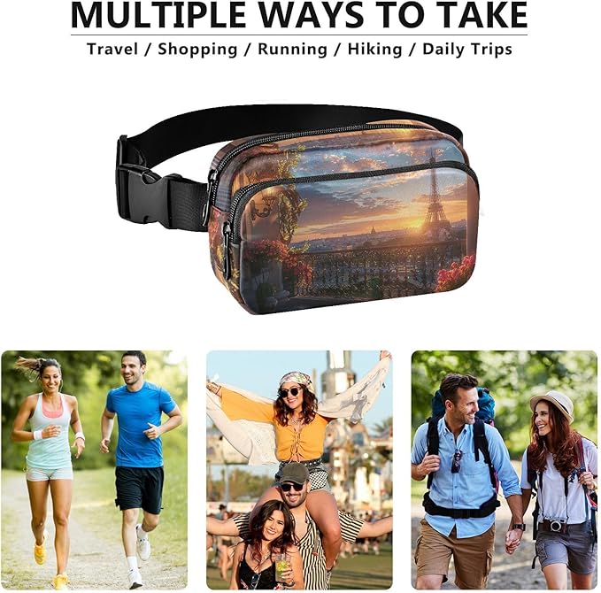 Paris Balcony View Eiffel Tower Fanny Pack for Women Men Water Resistant Fashion Waist Packs with Adjustable Strap Belt Bag for Travel Workout Jogging Hiking 21220605