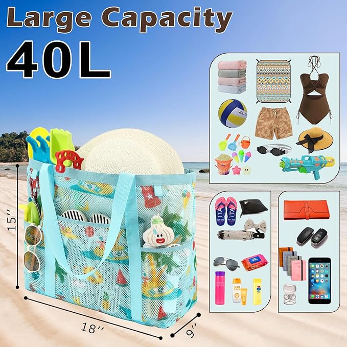 Mesh Beach Bag with Zipper, Large Beach Tote for Women, Toys Pool Swim Bag Travel Vacation Cruise Essentials
