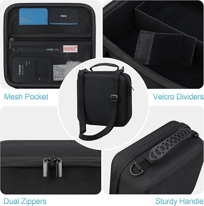 BOVKE Travel Camera Case for Canon EOS Rebel T7/R50/R6 Mark II/R100/R50 V/T6/R8/R10/R5 Mark II/RP/R7/R5/T100 and Other DSLR SLR Cameras, Extra Lens and Tripod with Dividers & Shoulder Strap, Black