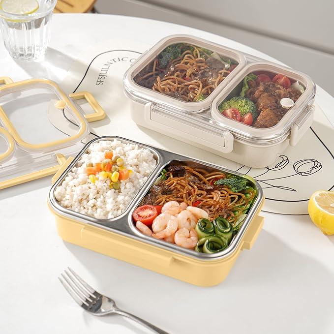 Stainless Steel Lunch Box with 2 Compartments, Leakproof, 30.5 oz Food Storage Containers, Bento Box for Adults,Men,Women(Yellow)