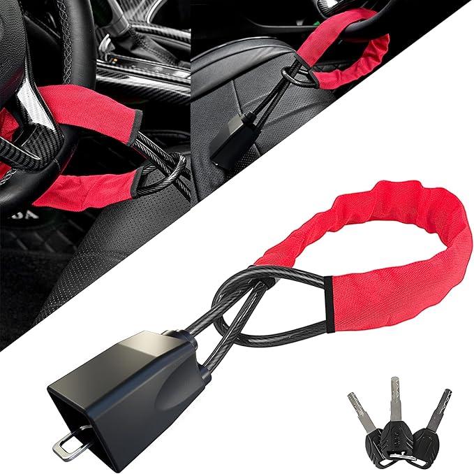 Car Steering Wheel Lock, Seat Belt Lock,O-MKAC Anti-Theft Device, Maximum Length 17 Inch, 3 Keys, Multi-Function, Suitable for Most Vehicles, SUV, Golf Cart Security (Red)