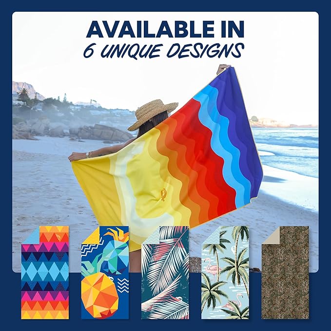 SUN NINJA Microfiber Beach Towel - Sand Free, Quick Dry, Lightweight & Compact for Beach, Pool, Yoga and Camping - 63x32 inch Super Absorbent, Large Sand Free Swim Towels for Adults and Kids
