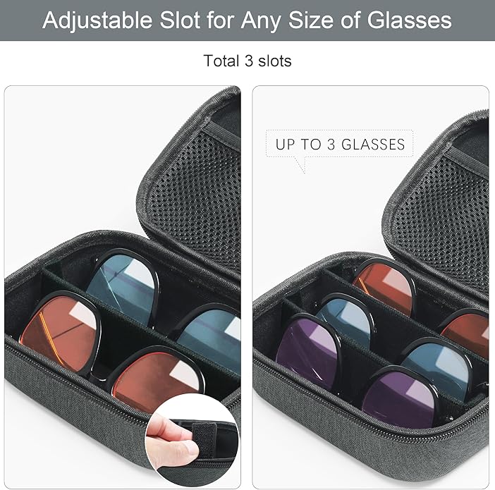 Bukere Travel Sunglasses Organizer Glasses Case, 3 Adjustable Slot for Multiple Eyeglasses, Hard Eyewear Box for Men Women